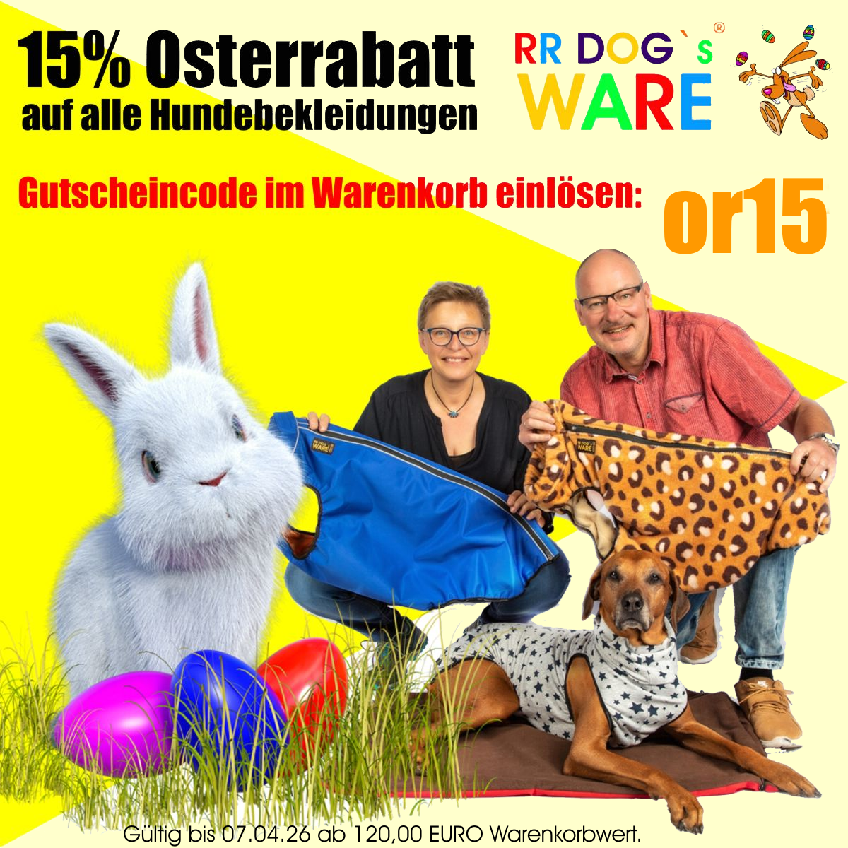 15% Osterrabatt bei RR DOG`s WARE Hundebekleidung nach Maß bis 07.04.26 ab 120,00 EURO Warenkorbwert